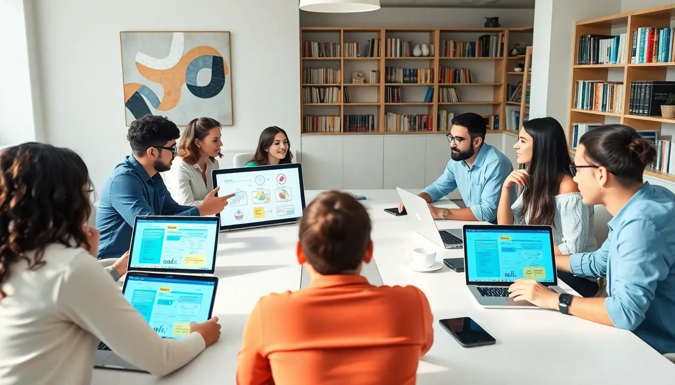 a diverse group discussing language in a modern office.